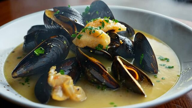 Steaming mussels in a creamy sauce, garnished with fresh herbs, served in a white bowl on a dark brown wooden table.  The background is slightly blurred, showing a window and outdoor scene