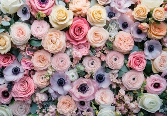 Beautiful Floral Arrangement Featuring Roses, Anemones, and Ranunculus in Soft Pastel Colors for Wedding and Event Decor Inspiration