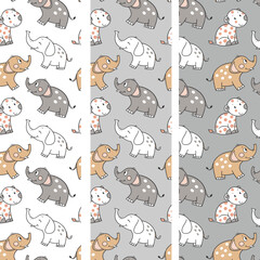 Design patterns with cute cartoon animal ornaments of dogs, elephants and cows 