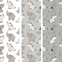 Design patterns with cute cartoon animal ornaments of dogs, elephants and cows 