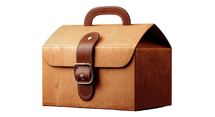 A brown cardboard gift box shaped like a vintage briefcase with a leather handle and strap, presented against a clean white background for product showcasing.