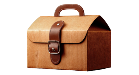 A brown cardboard gift box shaped like a vintage briefcase with a leather handle and strap, presented against a clean white background for product showcasing.