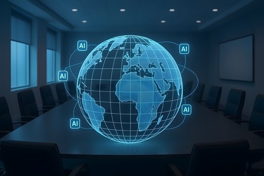 Artificial intelligence and global network visualization in a corporate meeting room demonstrating modern technology and data analysis