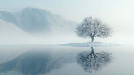 Frozen lake, serene winter landscape with a solitary tree