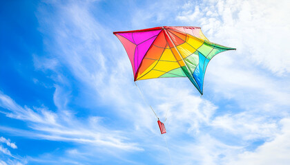 Colorful kite soaring high in blue sky