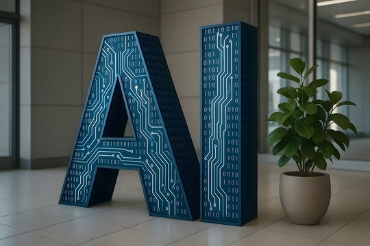 Artificial intelligence logo depicted with binary code and circuitry near a potted plant symbolizing technology and nature harmony