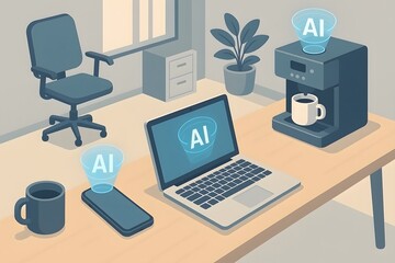 Artificial intelligence technology integration in modern office workspace with coffee machine laptop and smartphone usage