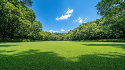 Obraz premium Vast green lawn with lush trees under blue sky summer nature landscape