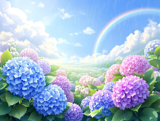 雨の残る青空と虹をバックに青からピンクの紫陽花の花々
