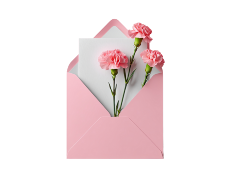 Three delicate pink carnations peek from a pastel envelope with a blank card against a clean white backdrop, creating a soft and gentle invitation to celebrate.