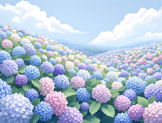 丘に咲く空の下のカラフルな淡い色の紫陽花の花々
