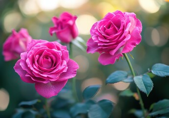 Obraz premium Beautiful Pink Roses Blooming in a Garden with Soft Green Background and Blurred Bokeh Effect for a Romantic and Natural Atmosphere