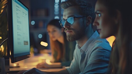 Focused professionals collaborating late into the night on a critical project task