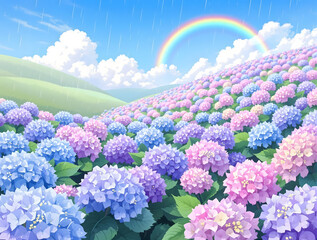 雨の残る青空と虹をバックにカラフルな紫陽花の花々
