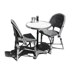 An inviting bistro scene features a charming round table set with salt and pepper shakers, accompanied by two comfortable wicker chairs, all rendered in delicate ink drawing.