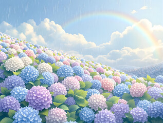 雨の残る青空と虹をバックにカラフルな淡い色の紫陽花の花々