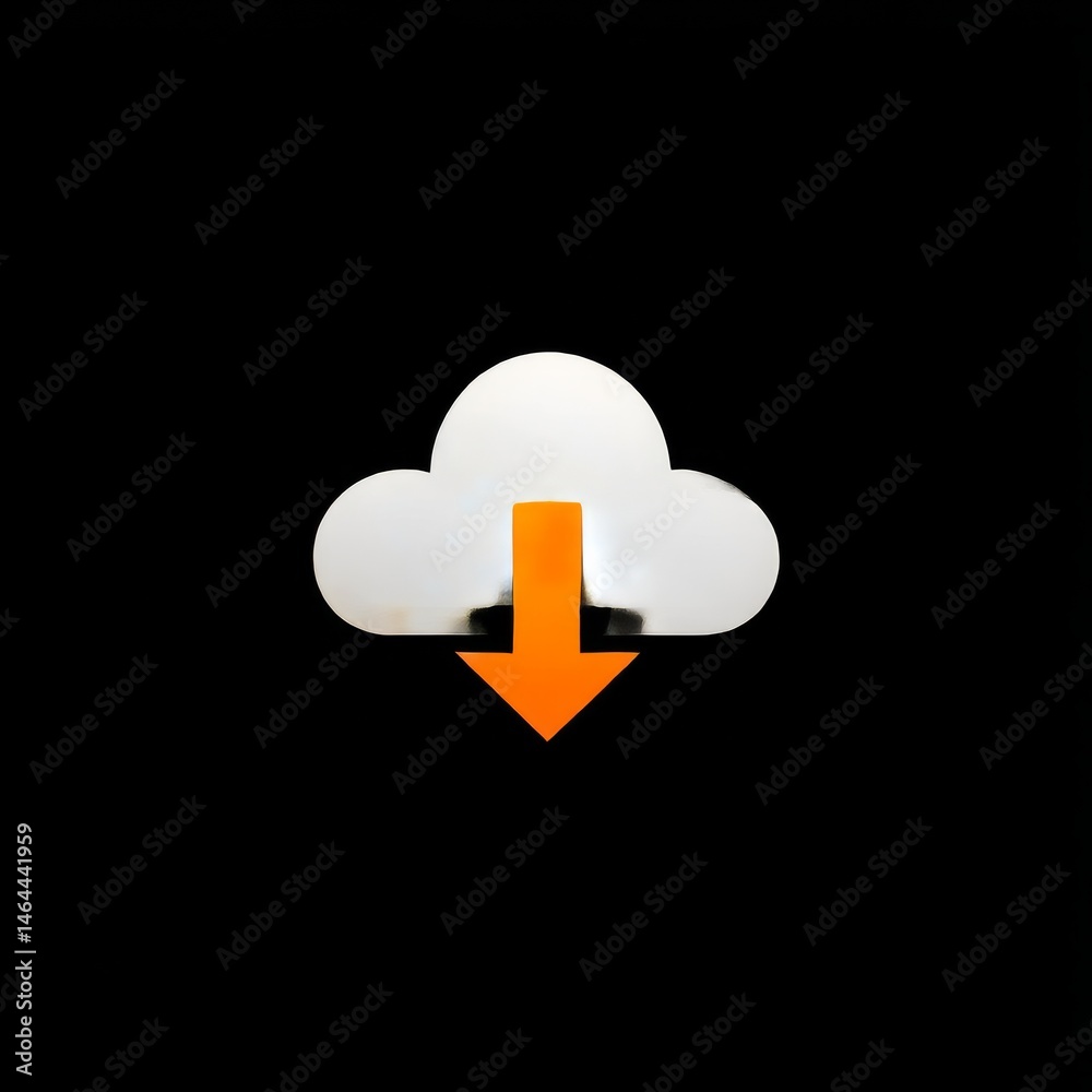 Fototapete downloading from cloud: a shiny cloud icon with an orange arrow symbolizing data transfer on a black