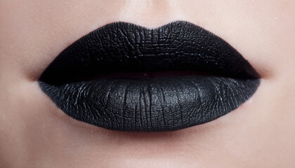 Slightly parted lips, black lipstick over slightly dry skin texture, soft shadows on both sides