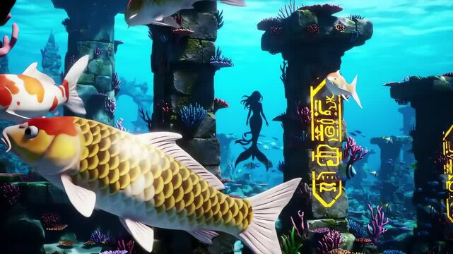 Animated koi fish world vibrant coral reef background