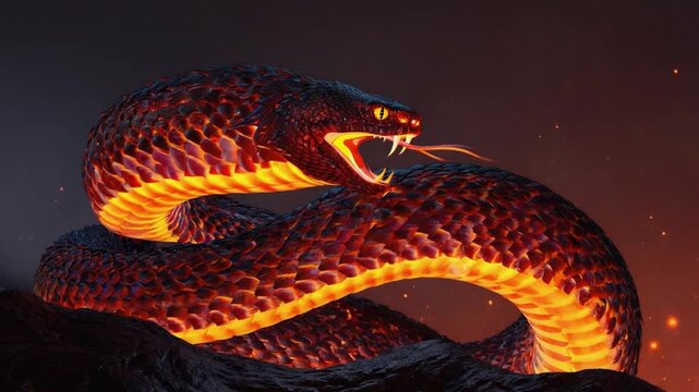 Creepy animation of a massive anaconda snake with detailed scales slithering slowly through a dark environment. Suitable for nature and reptile visuals.