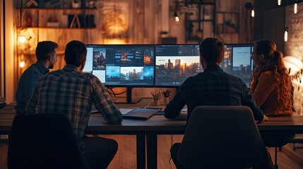 Creative team collaborating on a multimedia project during a late night session