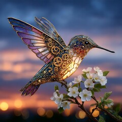 Mechanical Marvel: A Steampunk Hummingbird Perched Amidst Blossoming Spring, a Fusion of Nature and Technology