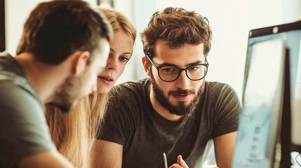 Collaborative tech team focused on screen, reviewing data and information