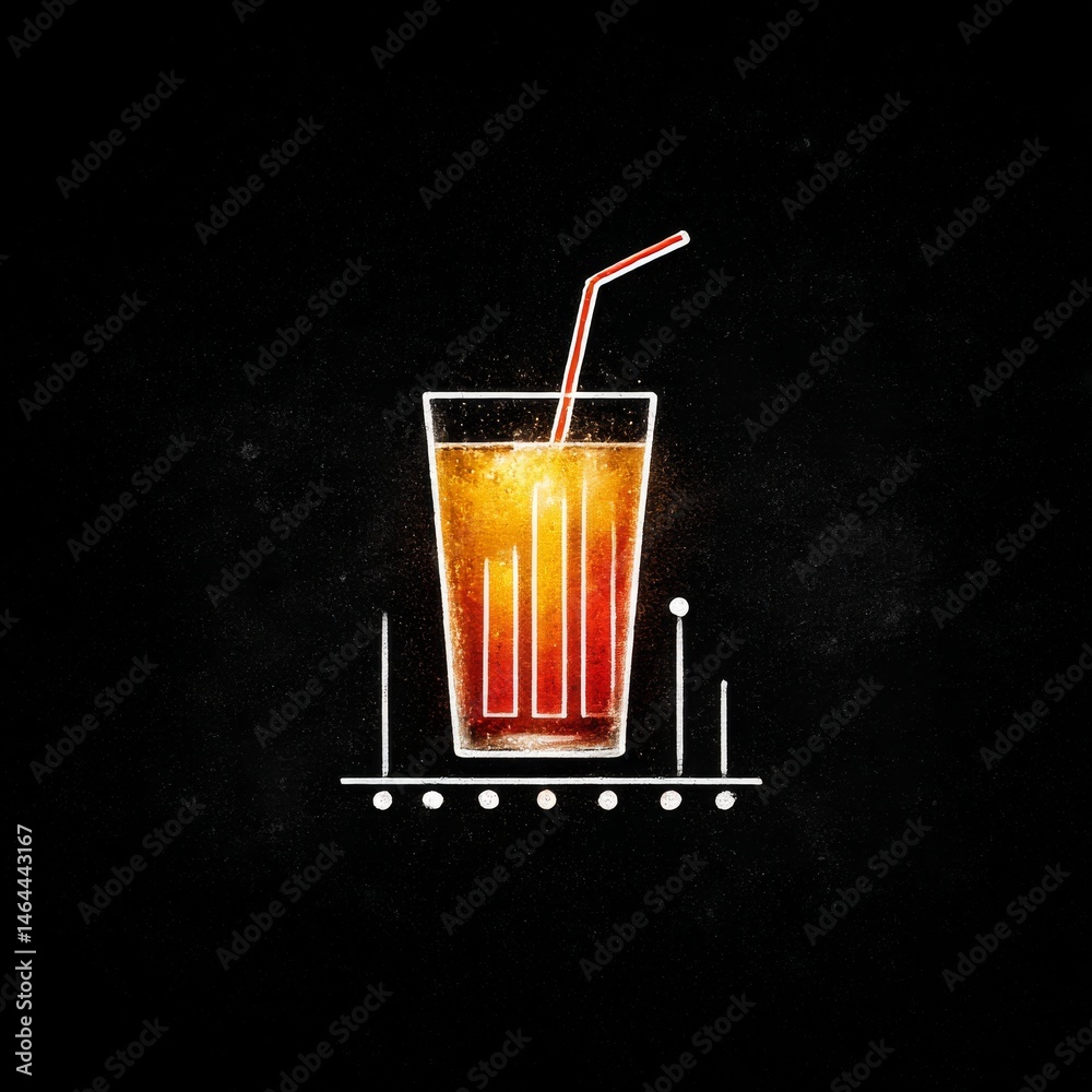 Aufkleber refreshing drink: an illustrated glass of soda with a straw, presented on a minimalist line graph wi