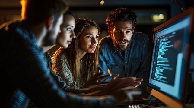 Concentrated diverse group of developers examining code collaboratively