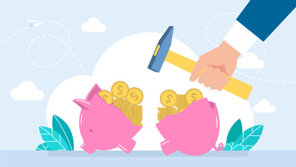 Broken piggy money box with gold coins and a hammer. Businessman with hammer breaks piggy bank to use savings. Broken moneybox full of gold coins and banknotes. Vector illustration
