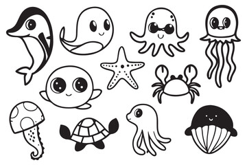 Cute Sea Animal Clipart Collection for Kids, Black and White Ocean Creatures Vector Pack, Printable Marine Life Illustrations for Crafts