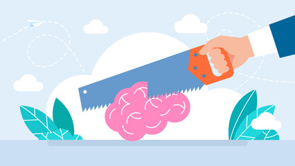 The brain is sawed through to find a valuable idea. Idea theft. Sawing the brain. Loan away trap metaphor. Vector illustration.