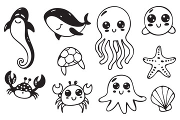 Naklejka premium Cute Sea Animal Clipart Collection for Kids, Black and White Ocean Creatures Vector Pack, Printable Marine Life Illustrations for Crafts