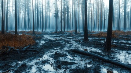 Fototapeta premium Burned grassland with ashes and charred tree trunks