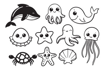Cute Sea Animal Clipart Collection for Kids, Black and White Ocean Creatures Vector Pack, Printable Marine Life Illustrations for Crafts