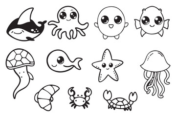 Cute Sea Animal Clipart Collection for Kids, Black and White Ocean Creatures Vector Pack, Printable Marine Life Illustrations for Crafts