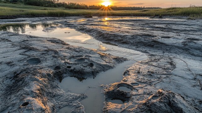 Dried-out lakebed with exposed mud patterns and animal tracks