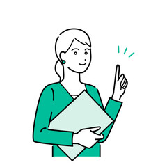 バインダーを抱えて説明するビジネススーツの女性のシンプルな上半身ベクターイラストセット