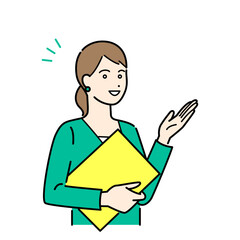 バインダーを抱えて説明するビジネススーツの女性のシンプルな上半身ベクターイラストセット