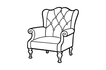 Line art illustration of a traditional library chair with scroll arms.eps