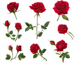Collection of Red Roses with Varied Stages of Blooming and Green Leaves Ideal for Floral Designs and Creative Projects