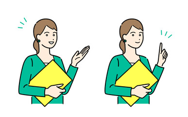 バインダーを抱えて説明するビジネススーツの女性のシンプルな上半身ベクターイラストセット