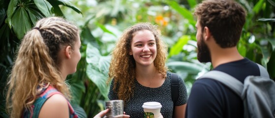 Fototapeta premium Friends enjoying conversation in lush green garden, discussing life, sharing drinks, happy moments, vibrant outdoor setting, connection and friendship.