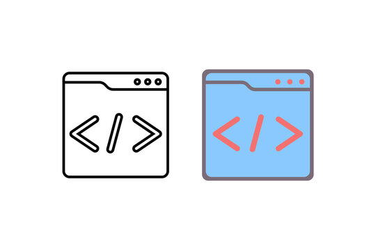 Flat icon of a browser window with HTML code brackets, representing web development, coding, or programming. Perfect for tech, software, or developer-related content.