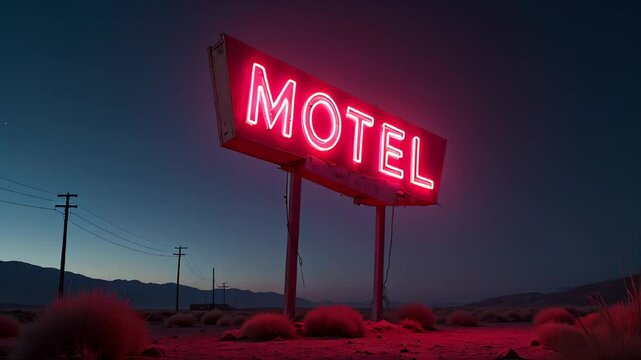Neon motel sign in desert with desert plants and telephone poles