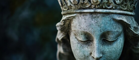 Obraz premium Statue of a serene woman with a crown, beautiful stone sculpture, artistic decor for gardens, peaceful home decoration, nature-inspired art piece.
