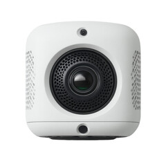 Fototapeta premium A white security camera with a single lens and perforated sides is isolated on a white background, providing a modern aesthetic for surveillance purposes.