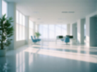 Defocused office interior at desk height. Light-filled business workspace abstract blur effect. Perfect for Zoom backgrounds, websites, blog headers, or digital ads. Clean and professional office vibe