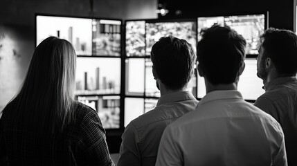 Diverse team analyzing market trends displayed across multiple screens, monochrome