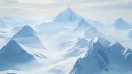 Fototapeta premium Snowy mountain landscape with peaks and valleys under a clear blue sky showcasing natures beauty, perfect for travel and adventure themes.